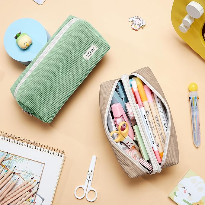 KALIDI Large Pencil Case Corduroy Pencil Pouch Box Cute School Supplies for Teen Girls Boys, Dark Khaki