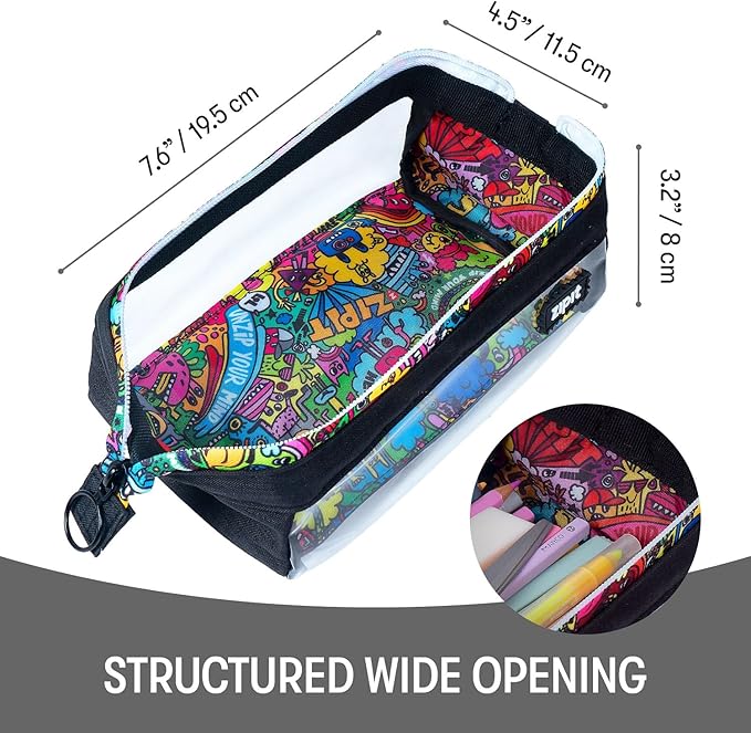 ZIPIT Lenny Clear Pencil Case, Wide-Opening Zipper Pouch for Girls and Boys | Aesthetic pouch for school, machine washable, colorful lining, holds 55 pens & pencils, doubles as a makeup case for travel
