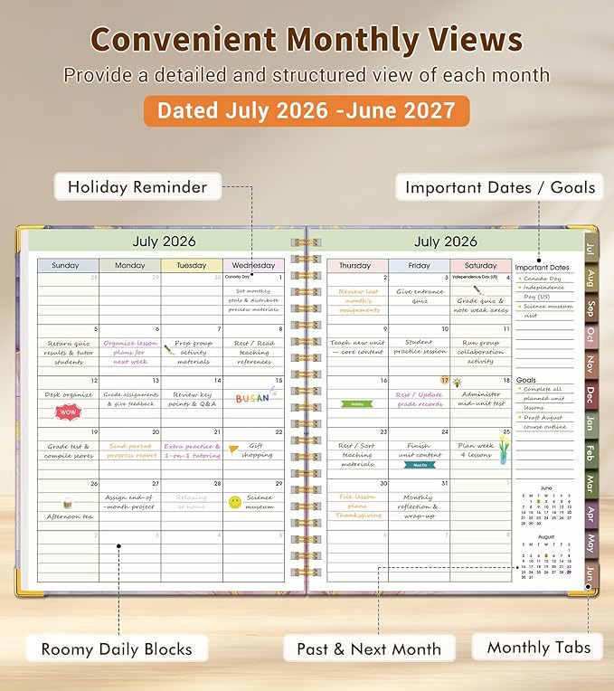 Teacher Planner 2026-2027, July 2026 - June 2027, Academic Weekly & Monthly Calendar Planner with Tabs, 8.5" x 11" A4 Teacher Lesson Plan Book with 7 Periods, Daily Agenda School Organizer for Teacher Student Homeschool, Pink Marble