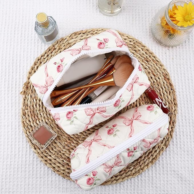URSKYTOUS 2Pcs Cotton Quilted Makeup Bag for Women Girls Coquette Cosmetic Bag Cute Zipper Pink Bow Pencil Pouch Aesthetic Portable Travel Toiletry Bag Trendy Essentials Skincare Makeup Brush Pouch