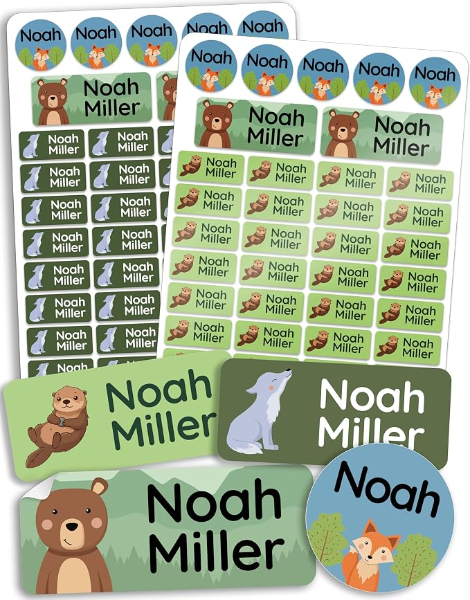 Personalized Daycare Name Labels for Kids [210pcs, Animal Forest] - Waterproof Name Stickers for School, Baby Bottles & Clothing - Custom Name Stickers - Washable Stick On Labels (Various Sizes)