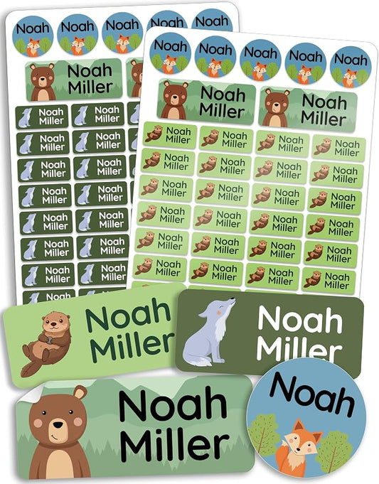 Personalized Daycare Name Labels for Kids [210pcs, Animal Forest] - Waterproof Name Stickers for School, Baby Bottles & Clothing - Custom Name Stickers - Washable Stick On Labels (Various Sizes)