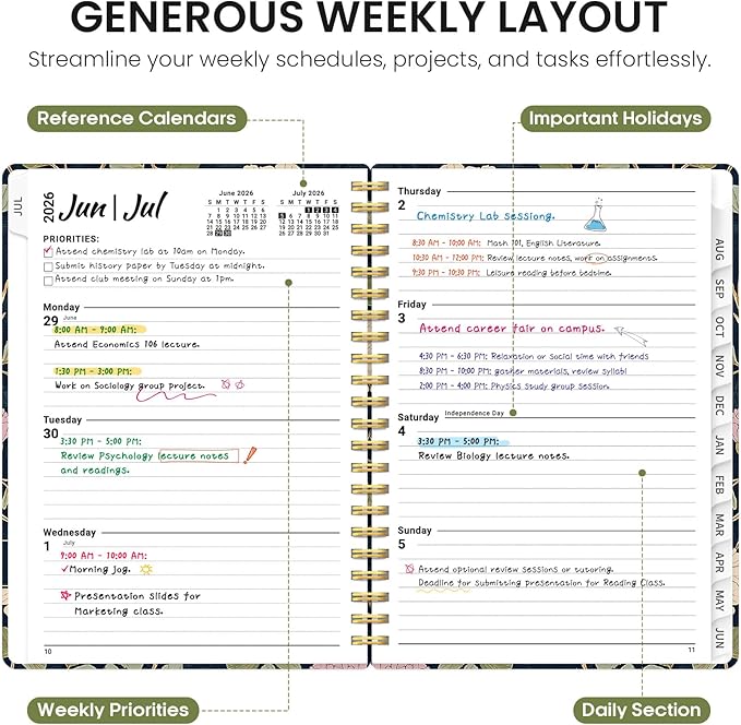 Planner 2026-2027, Academic Year Monthly and Weekly Calendar Planner, Jul 2026 - Jun 2027, Hardcover Teacher Student Planning Agenda book with Tabs, Perfect for School Office Supplies, 6.3" x 8.5" - Blush Vines