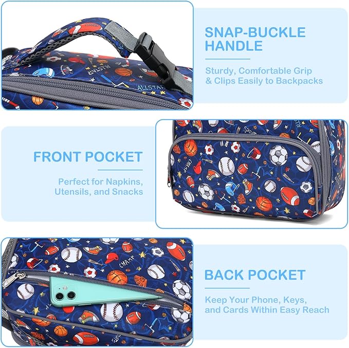 FlowFly Kids Lunch box with buckle Insulated Cooler Back to School Thermal Meal Tote Kit for Girls, Boys (Rugby)