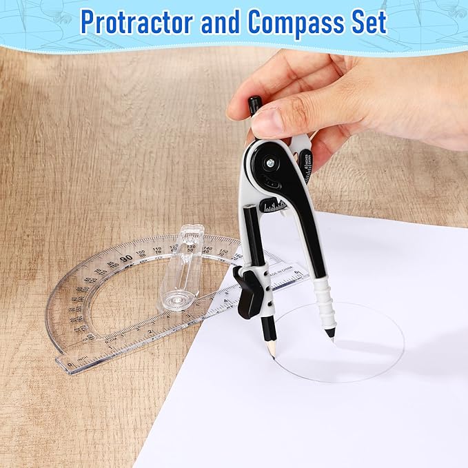 Zonon 2 Pcs Student Protractor and Compass, Student Geometry Math Set Drawing Compass and 180 Degree 6 Inch Protractor with Swing Arm for Drawing Measuring School Office (Black)