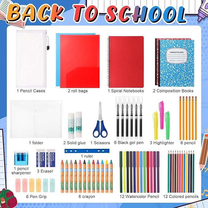 Gilprop 72 Pcs School Supplies Gift Box Set, Back to School Supplies Primary Middle College Bundle Essential Stuff Bulk Pen Notebook Colorful Stationery for Teacher Student Classroom
