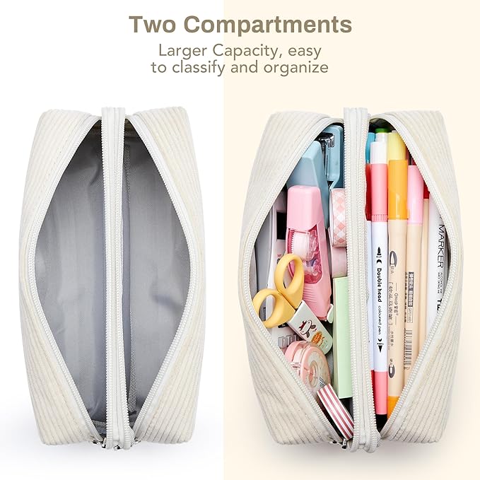 KALIDI Large Pencil Case Corduroy Pencil Pouch Box Cute School Supplies for Teen Girls Boys, Beige