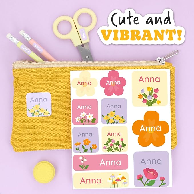 Camp Name Labels for Kids (33) – Personalized Stickers & Daycare Labels – Waterproof for Water Bottles, Lunch Boxes & School - Flowers
