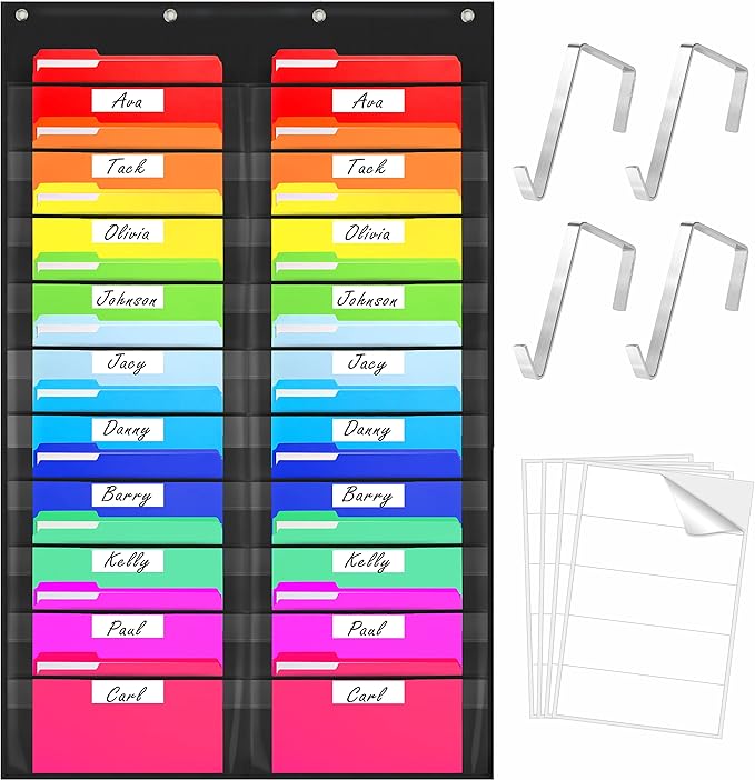 Storage Pocket Chart, Heavy Duty Wall File Organization Folder with 20 Clear File Pockets, 20 Blank Dry-Erase Name Stickers Plus 4 Over Door Hooks for Files, Classroom & Office (Black, 28.5” X 47”)