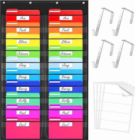 Storage Pocket Chart, Heavy Duty Wall File Organization Folder with 20 Clear File Pockets, 20 Blank Dry-Erase Name Stickers Plus 4 Over Door Hooks for Files, Classroom & Office (Black, 28.5” X 47”)