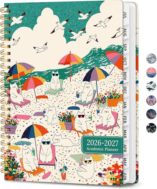 Planner 2026-2027, Hardcover Monthly and Weekly Academic Planner July 2026 - June 2027, Teacher and Student Calendar Agenda Book with Tabs, A5 (6.3" x 8.5"), Ideal for School and Office, Cat Beach