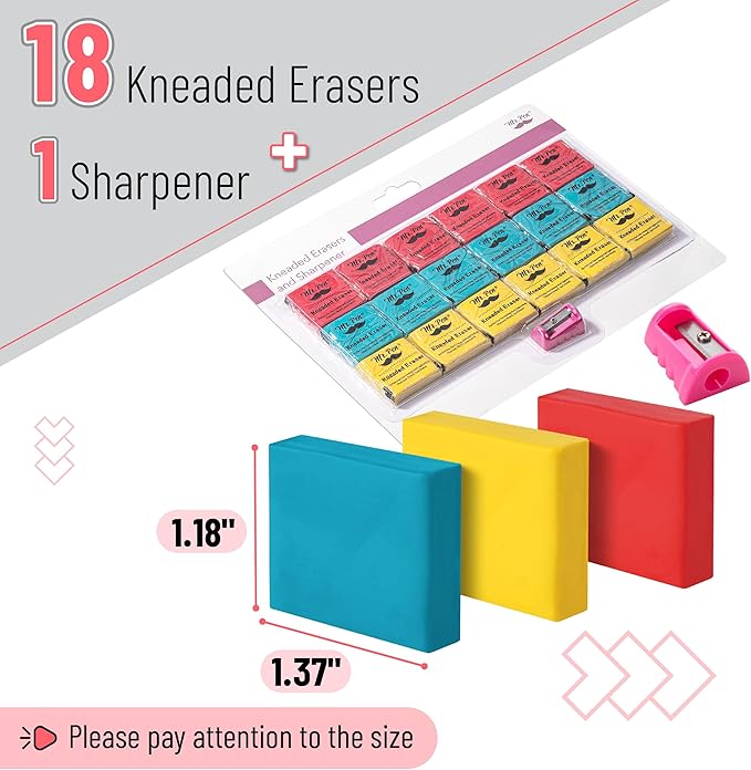 Mr. Pen- Kneaded Eraser Set, 18 Pack, Colorful Moldable Art Erasers with Storage Cases & Sharpener, Soft Kneadable Erasers for Charcoal, Graphite, Pencil & Pastel Drawing