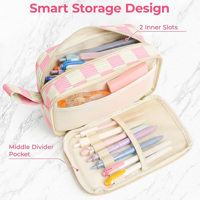 Large Pencil Pouch for Girls,Cute Corduroy Pencil Case Pouch Aesthetic Soft Pencil Bag for School, Zippered Pencil Organizer School Supplies for Teen Girls Women Gift (Pink Check)