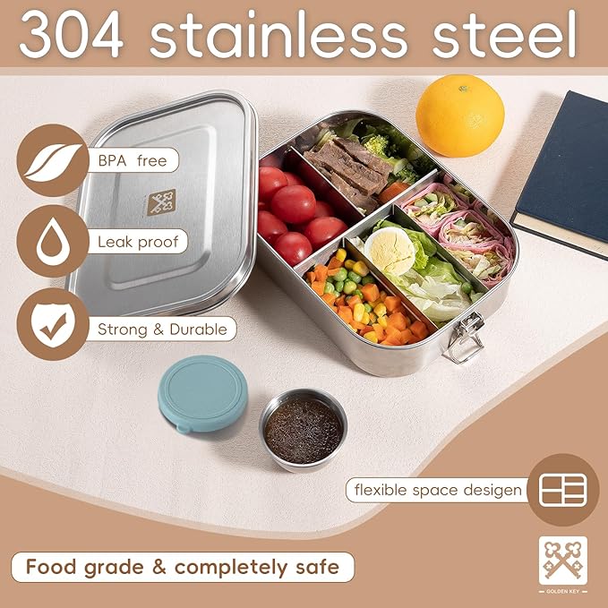 GOLDEN KEY 47oz Stainless Steel Bento Box for Adults,1400ml Large & Thickened Metal Lunch Box with 5 Compartments,Eco-friendly Leak-Proof Container with Lockable Clips