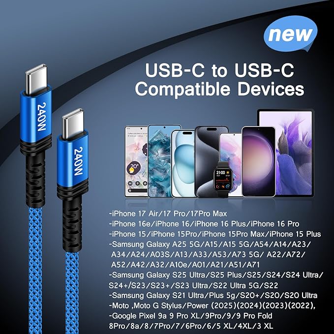 240w USB-C Charge Cable Fast Charging Cord for iPhone 17 Air 17 Pro Max 16E 16 Pro Max 16 Plus 15,3FT USB C to USBC Fast Charger Type-C Cable PD Cord for Samsung Galaxy S25 S24 S23 S26/S26 Ultra/S26+