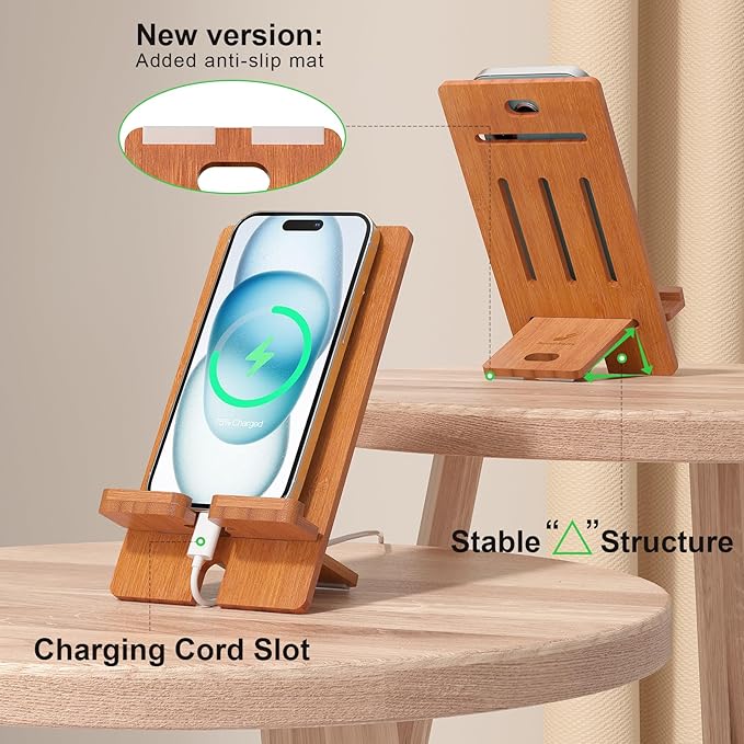Pezin & Hulin Bamboo Cell Phone Stand, Wood Dock Holder, Portable Desktop Phone Rack, Compatible with Mobile Phone and Tablet -Slim Version (Brown)
