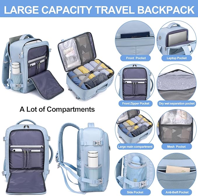 EZUOLA Travel Backpack for Men Women,Carry On Backpack Airline Approved,Backpack for College Essentials with 15.6inch Laptop Compartment, Lightweight Work Back pack for Weekend Business,Gifts Blue