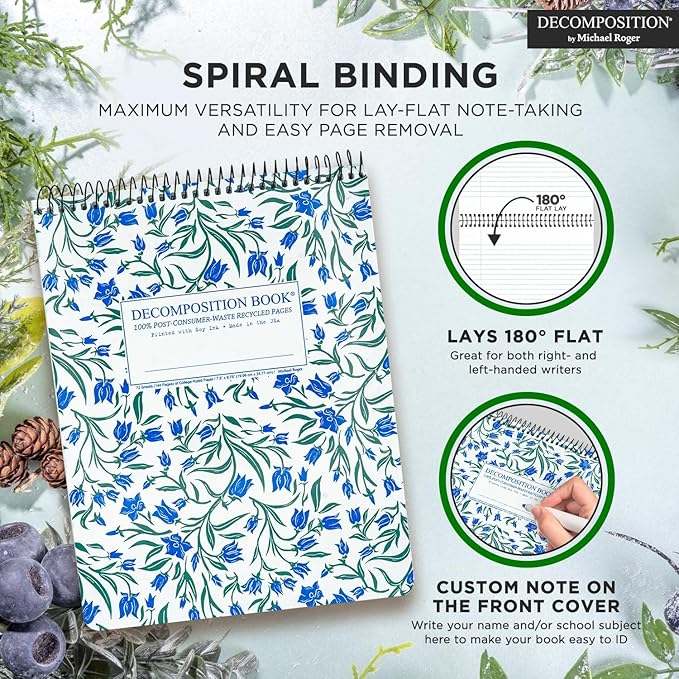 Decomposition Bluebells Top Bound Spiral Notebook – 7.5 x 9.75 Journal, College Ruled Lined Pages – Left-Handed Friendly Notebooks Ideal for Students, Artists & Office Professionals – Made in USA