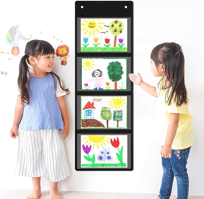 Watersay 2 Pcs Storage Pocket Chart for Classroom 37.4 x 13 in, 4 Pockets Hanging Wall File Organizer for Cards, Drawing, Pictures, Class Demonstrations, Homework, Teacher Office Organization (Black)