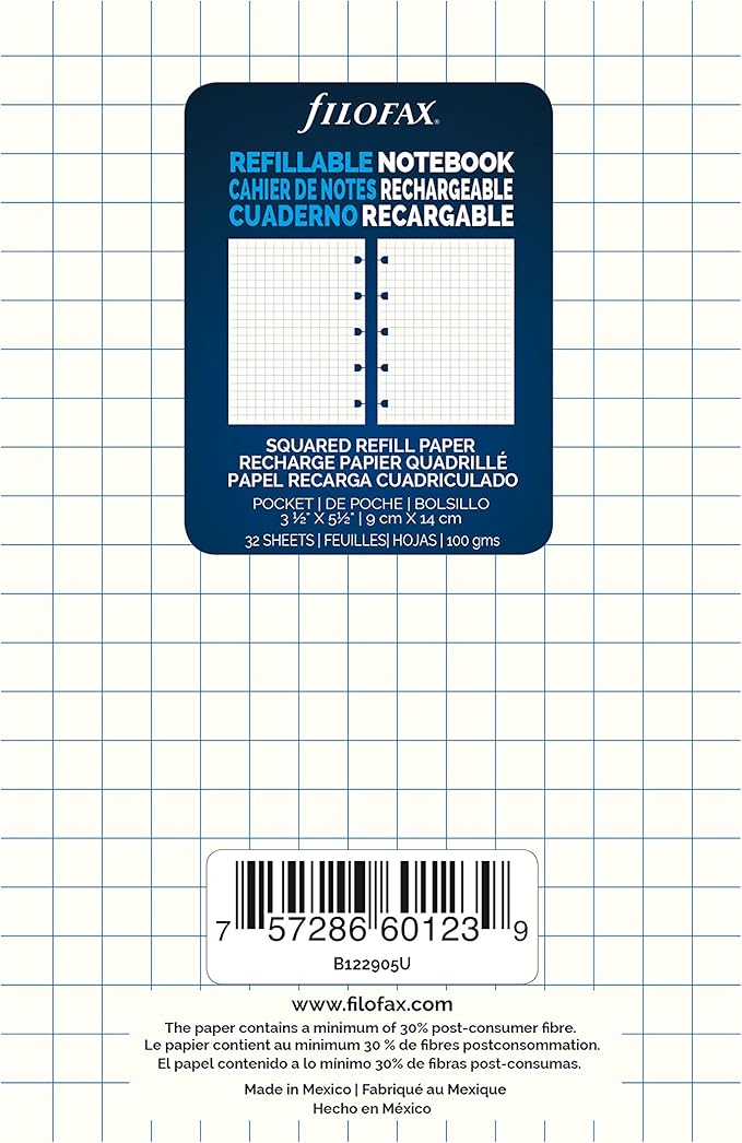 Filofax Notebooks Pocket Quad Journal Refill, Movable, 5 1/2 x 3 1/2 inches, 32 Cream Sheets Fits Filofax Refillable Pocket (B122905U)