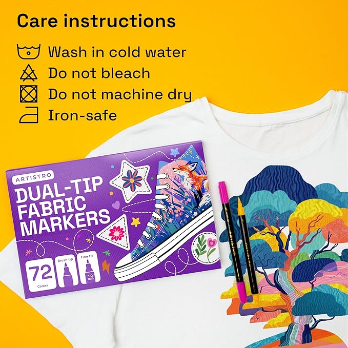 ARTISTRO 72 Dual-Tip Fabric Markers - Fabric Decorating Kit - Permanent for Clothes - Acrylic Paint Pens for Sneakers, Bags, Shoes, Textile, Canvas, Sewing, Craft, DIY - Brush and Fine Tip