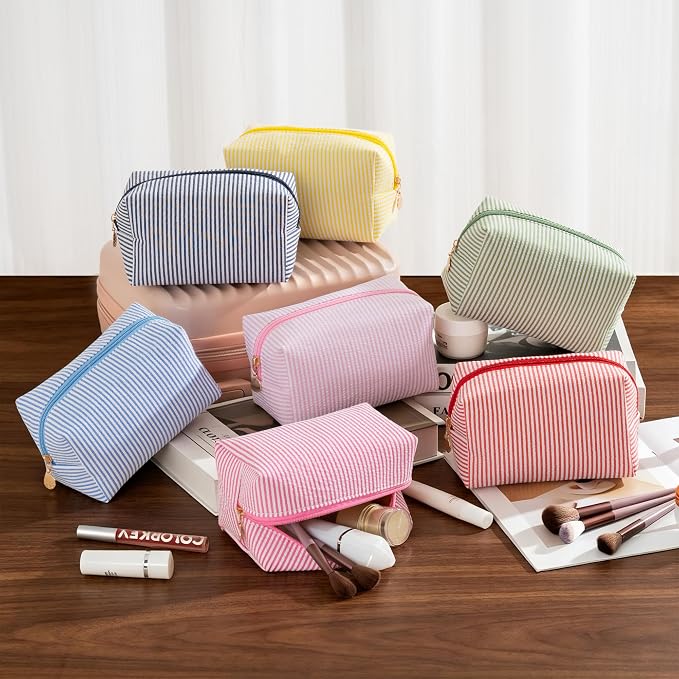 Makeup Bag Set for Women, 6PCS Travel Cosmetic Bags Pencil Case, Striped Seersucker Toiletry Organizer Pouches, Cute Makeup Pouch for Purse, Accessories and Gifts, Rose Red