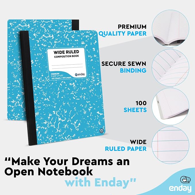 Enday Composition Notebook Wide Ruled (12 Pack, Assorted Colors) Hard Cover Marble Composition Notebook, 100 Sheets
