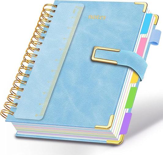 Hardcover Spiral Notebook College Ruled, 8.5"x11" Leather Journal Notebook with Magnetic Closure, 300 Pages 5 Subject Notebook with Dividers Tabs Journal for Women Men, Work, School(Light Blue)