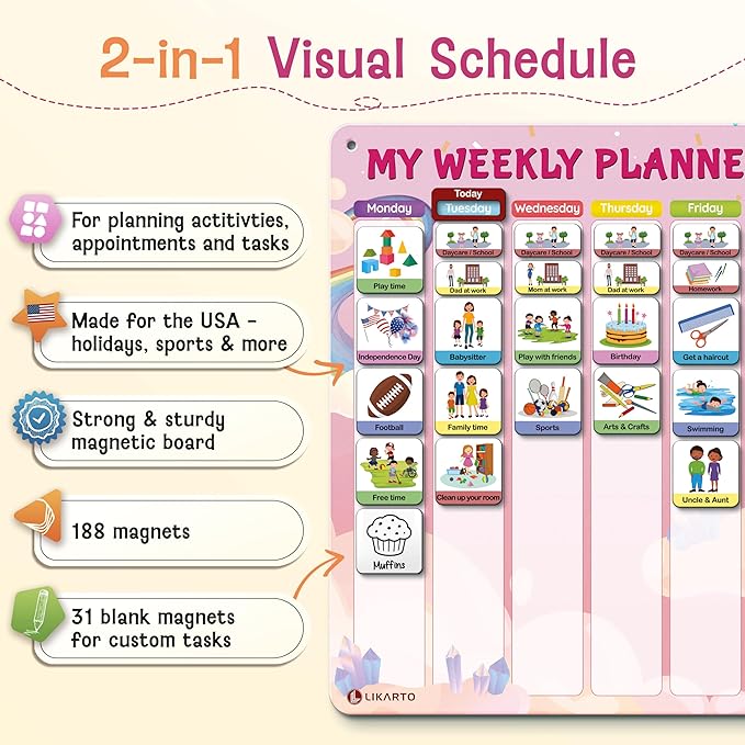 LIKARTO Visual Schedule for Kids - 2-in-1 Weekly + Daily Schedule - Magnetic Schedule with 188 Magnets and Magnetic Backing - Chore Chart Kids - Routine Chart for Toddlers, Autism, ADHD - Pink