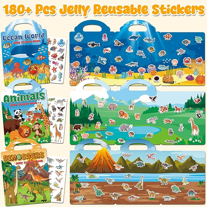 6 Sets Reusable Sticker Books for Toddlers 3+ Years, Jelly Sticker Book for Kids, Travel Stickers Activity Book Travel Toys for Toddlers