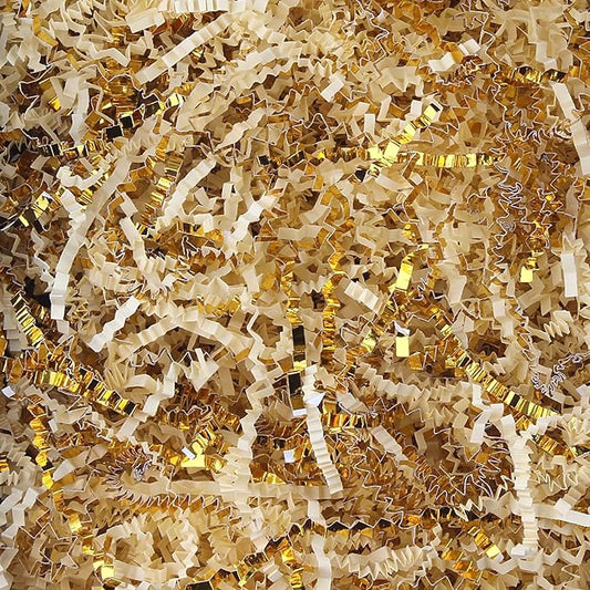 TANMWZK Crinkle Cut Paper Shred Filler 1 LB Gift Wrapping & Gift Basket Filler for Christmas,Halloween & Wedding Decorations,Easter Basket Grass Filler,Crafting Activities (Beige and Gold)