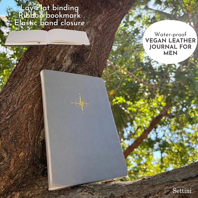 SETTINI Lined Journal, Ideal for Journaling - A5 Vegan Leather Notebook, 192 Archival-Quality Pages, QuillEase Bleed-Free Paper, Inner Pocket & Bookmark - Father Day Gift, Grey Compass