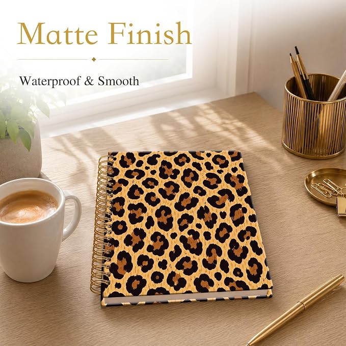 ATJFKIXL Cute Spiral Journal Notebook, A5 120 Page College Ruled Wirebound Notebook, Soft Cover for Students Office Notes and Planning - Tan Leopard Pattern