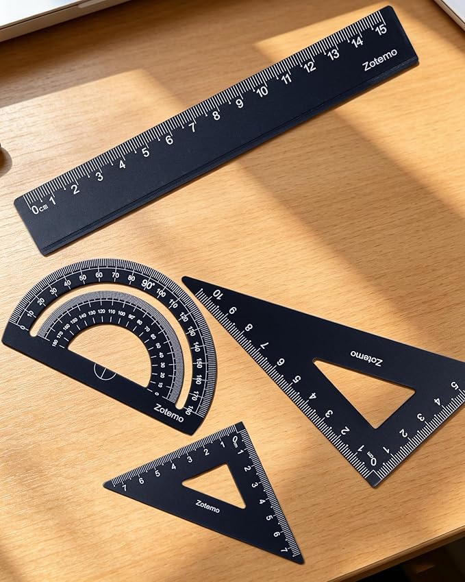 Geometry Ruler Set for Students, Metric Measurement 4-Piece Metal Math Drafting Kit with Non-Slip Design 15 cm Straightedge Ruler, 180° Protractor & 2 Triangles for School Kids (Black)