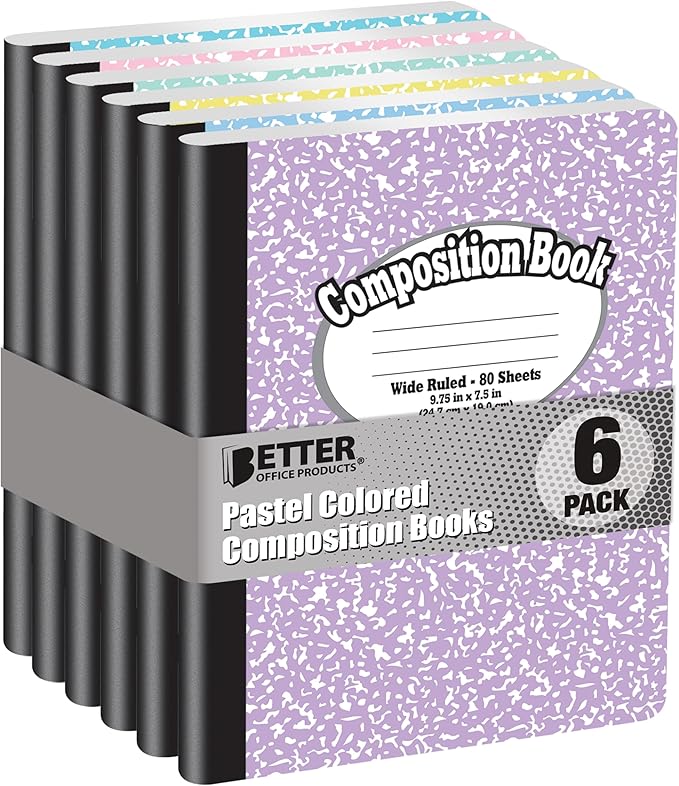 Better Office Products Composition Book Notebook, Hardcover, Assorted Pastel Covers, Wide Ruled (11/32-inch), 80 Sheet, One Subject, 9.75" x 7.5", 6 Pack