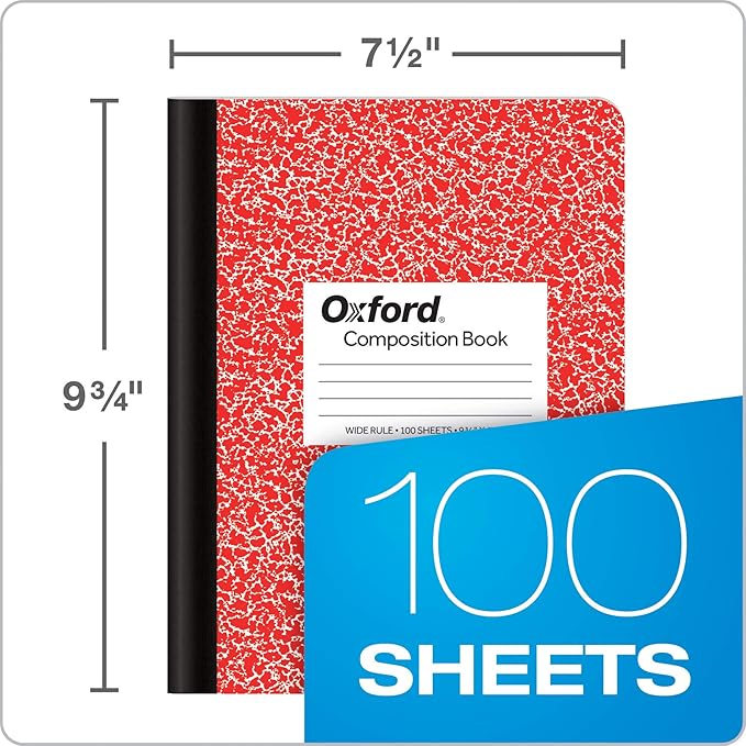 Oxford Composition Notebooks, Cover Colors Vary, Wide Ruled Paper, 9-3/4 x 7-1/2 Inch School Journals, Assorted Marble Covers, 100 Sheets, per Book (63762) (Pack of 4)