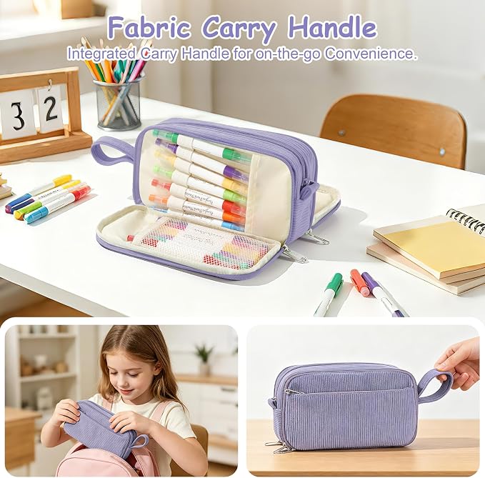 BuyCard Purple Large Capacity Corduroy Pencil Case, Casual Style, Cute Pencil Bag, Kawaii Stationery Storage and Organizer, Graduation Gift Office Stationery Storage Pen Pouch for Classroom Teacher