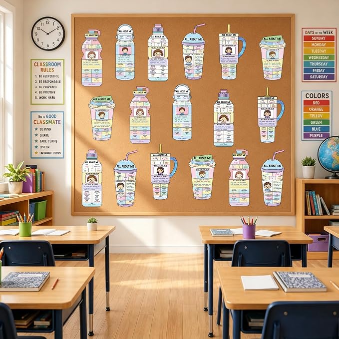 30 Pcs All About MePosters Water Bottle Star Student Poster to Fill in Elementary Kindergarten Classroom Decor Self-Introduction All About Me Posters for Back to SchoolClassroom Supplies