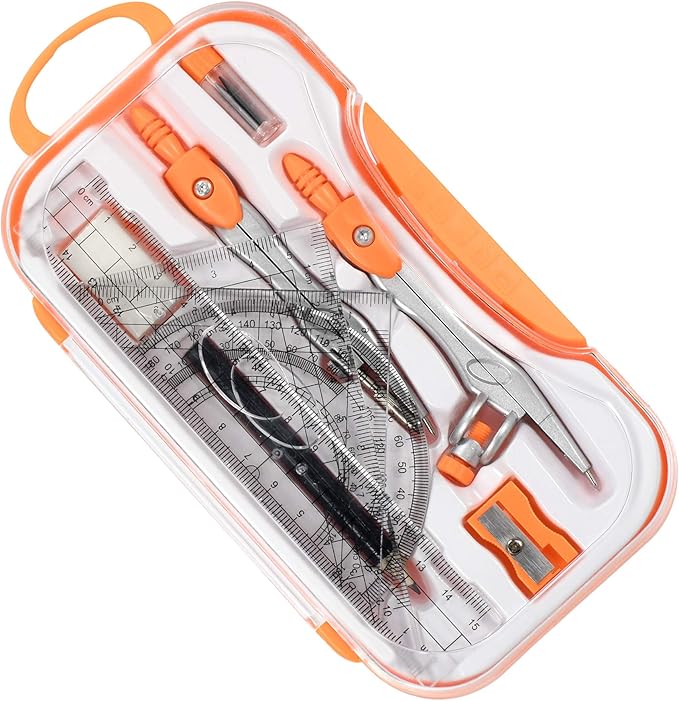 Vobou 10 Pieces Math Geometry Kit Set Student Supplies with Shatterproof Storage Box,Includes Rulers,Protractor,Compass,Eraser,Pencil Sharpener,Lead Refills,Pencil,for School and Drawings（Orange）