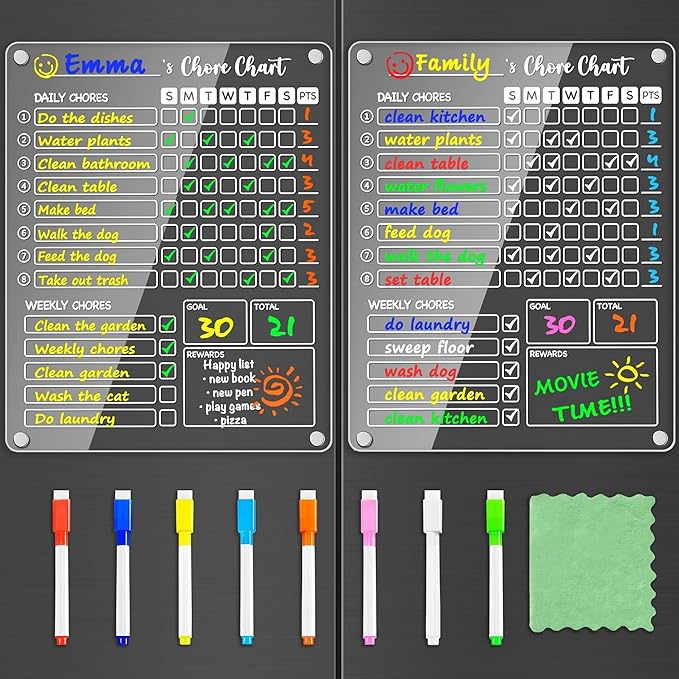 PigPotParty Acrylic Magnetic Chore Chart for Kids, 2 Pack 12 x 9.5 Inch Reward Chart for Multiple Kids and Teens, Dry Erase Chore Board for Fridge, Embedded Magnets, 8 Wet Erase Markers and 1 Towel