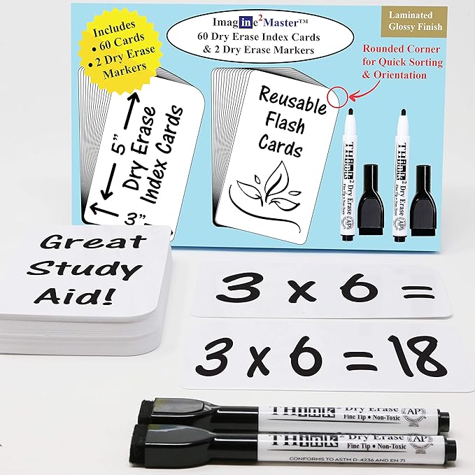 Imagine2Master 60 Blank Dry Erase Index Cards (3” X 5”). Comes with 2 Dry Erase Markers. DIY Flash Cards Great for Vocabulary, Game, Message, Notes. Glossy Laminated Finish 300 GSM Card Stock