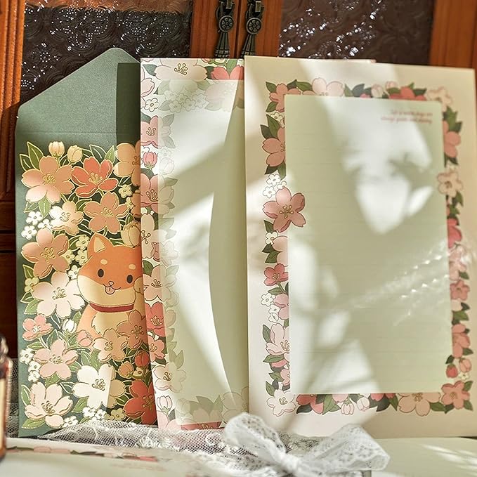 48 Pcs Stationery Paper Envelopes Set Includes 24 Lined Writing Paper & 12 Envelopes with 12 Stickers, Cute Cat Animal Love Letter Writing and Stationery Paper Envelopes(4Style)