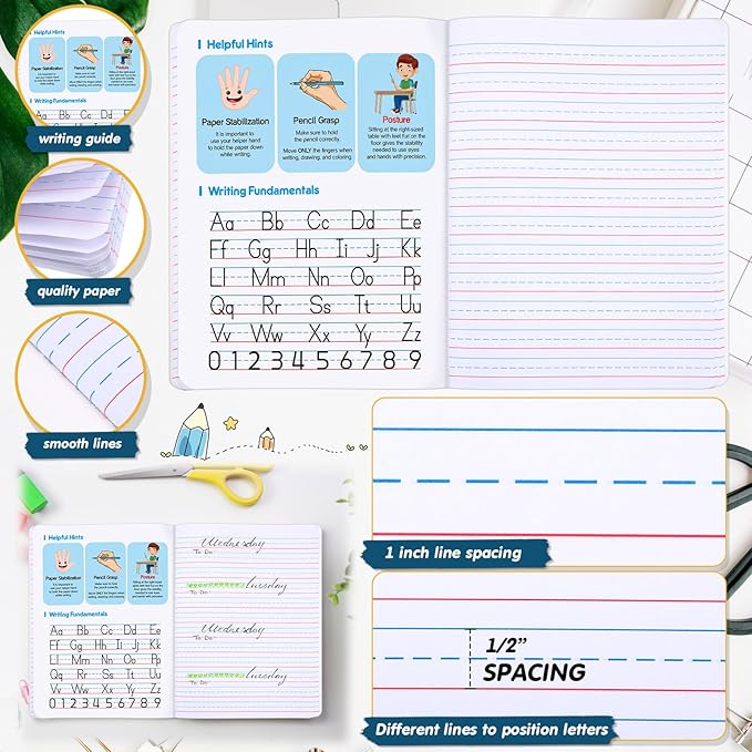 Watersay 60 Pack Primary Ruled Composition Notebook, Grade K-2 Journal 50 Sheets, 7-1/2" x 9-3/4" Primary Composition Book Writing Notebook for Kids Kindergarten Preschool 1st 2nd Grad (Blue)