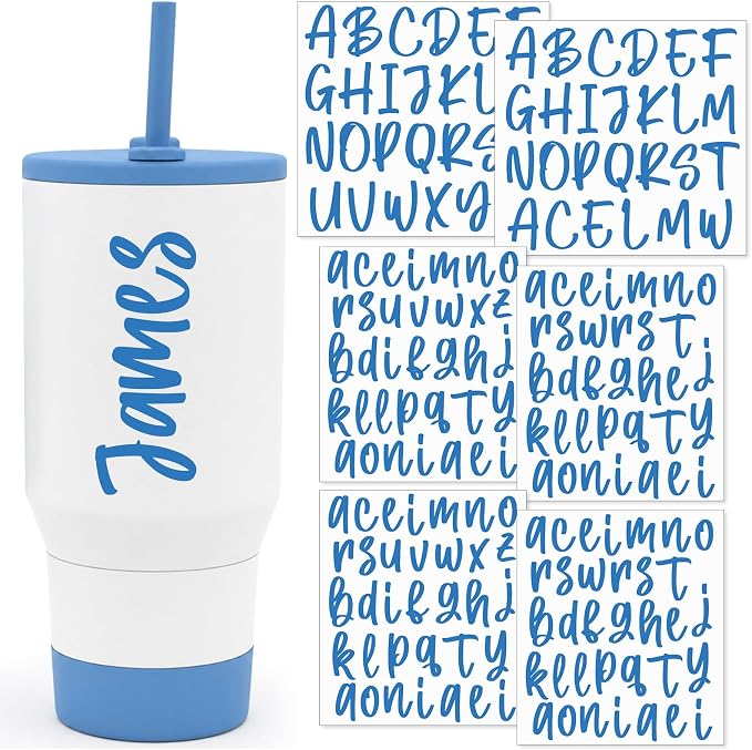 Humyoun UV DTF Cup Wrap Letter Stickers Vinyl Decals,Blue,6 Sheets | Personalized Name Stickers for Water Bottles Tumblers, Waterproof UV DTF Alphabet A-Z Stickers for 14-49oz Mugs DIY Craft