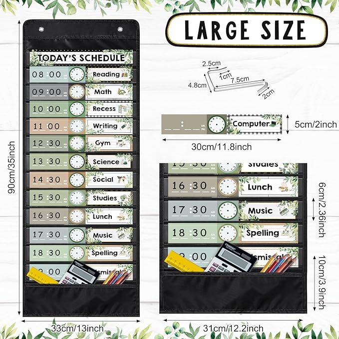 Daily Schedule Pocket Chart for Classroom, 13+1 Pockets with 42 Designed Schedule Cards, Farmhouse Greenery Classroom Kids Daily Schedule Pocket Chart for Home Back to School Classroom Decorations