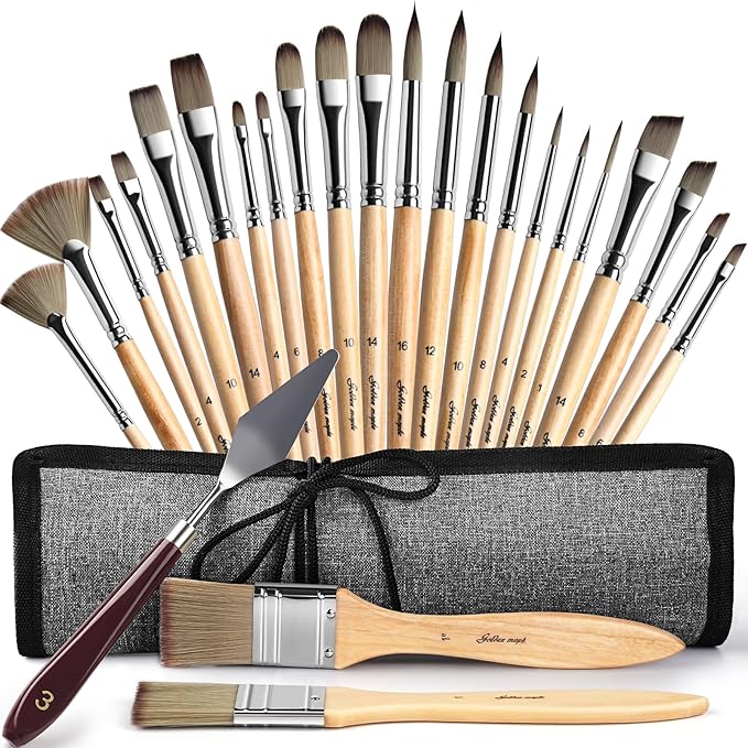 Acrylic Paint Brush Set, Golden Maple 25 PCS Paint Brushes for Acrylic Painting Oil Watercolor & Canvas,Enhanced Synthetic Brush Set with Cloth Roll and Palette Knife