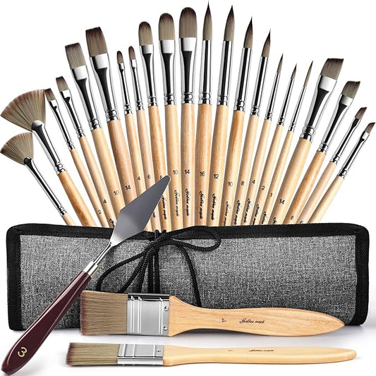 Acrylic Paint Brush Set, Golden Maple 25 PCS Paint Brushes for Acrylic Painting Oil Watercolor & Canvas,Enhanced Synthetic Brush Set with Cloth Roll and Palette Knife