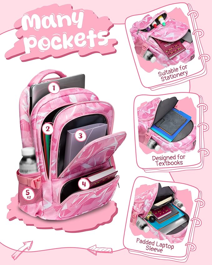 BLUEFAIRY Kids School Backpack for Boys Girls Ages 6-8 8-10 10-12 Elementary Middle School Book Bags with Laptop Compartment Mochilas Escolares para Niños Niñas de 8 10 12 Años (Pink, Geometric)