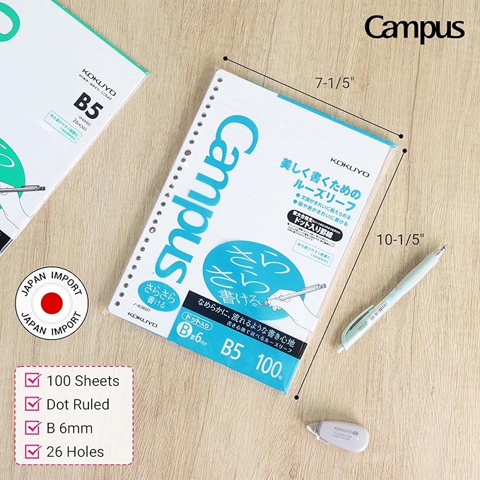Kokuyo Campus Loose Leaf Paper for Binders, Sarasara Smooth Writing, B5, B 6mm Dotted Ruled, 26 Holes, 36 Lines, 100 Sheets, pH Neutral, Bleed Resistant, 75gsm, Pack of 2 (NO-836BT)