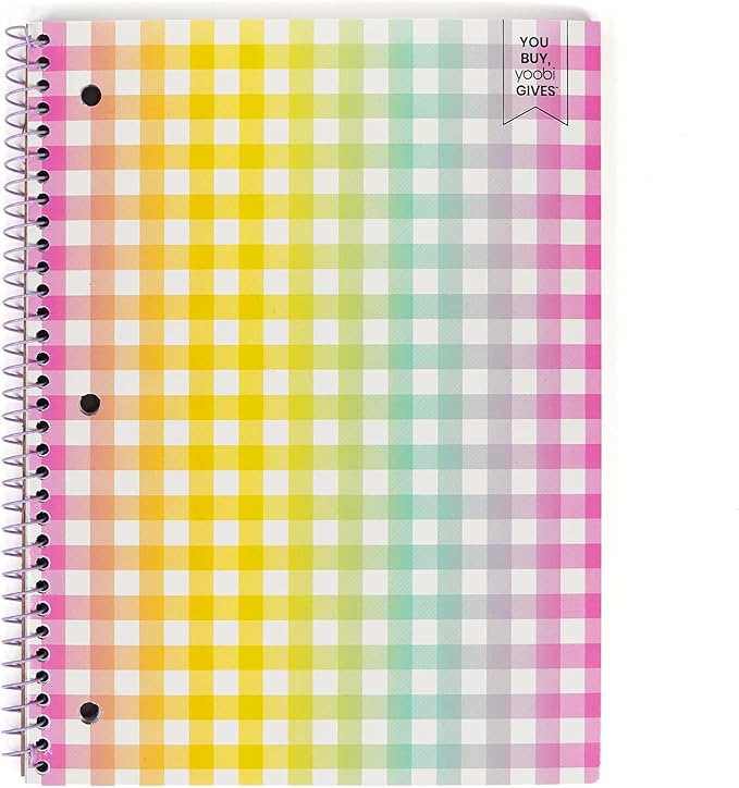 Yoobi Multicolor Gingham Spiral Notebook | 1 Subject Notebook College Ruled | 100 Perforated, 3-hole Punched Sheets | 2 Interior Pockets | PVC Free, FSC Certified Paper | For School, Office & College